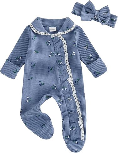 Afunbaby Newborn Baby Girl Clothes Waffle Romper Infant Coming Home Outfits | Infant Fall Winter Clothes Waffle Floral Peter Pan Collared Ruffle Long Sleeve Zipper Jumpsuit + Headband One Piece Outfit in Kuwait