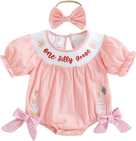 Baby Girl First Birthday Outfit One Silly Goose Bubble Romper Birthday Girl Smocked Bodysuit Cute Cake Smash Outfit in Kuwait