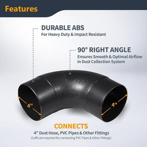 POWERTEC 70105-P2 4 In. 90 Degree Elbow - ABS Plastic Right Angle Dust Collector Connector in Kuwait