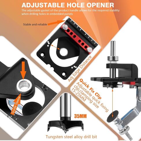 Door Concealed Hinge Jig with Quick Clamp, 35mm Cabinet Door Concealed Hinge Hole Drill Jig with Adjustable Edge Distance, Easy for Cabinet Door Install and DIY Woodworking in Kuwait