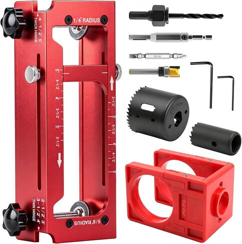 Door Hinge Jig & Door Lock Installation Kit, Aluminum Alloy Router Templates 1/4" 5/8" Radius & Square, Adjustable Hinge Mortises 2-1/2" to 5" Length, for 1-3/8" 1-3/4" Thick Doors with Door Lock Kit in Kuwait