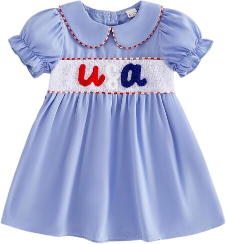Toddler Baby Girl 4th of July Outfit Ameriacn Flag Smocked Dress Puff Sleeve Doll Collar Dresses Cute Summer Clothes in Kuwait