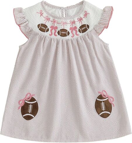 Toddler Baby Girl Football Outfit Embroidery Smocked A-Line Striped Dress | Toddler Baby Girl Football Outfit Game Day Embroidery Puff Sleeve Smocked Dress A-Line Plaid Dresses Bow Print Fall Clothes in Kuwait