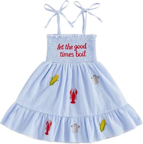 Toddler Girl Outfit Let The Good Times Boil Smocked Dress Crawfish Sleeveless Dresses Cute Summer Clothes in Kuwait