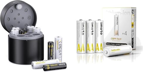 imuto High Capacity Battery & Charger Set: Smart Fast Charger with 10x AA (3600mWh) and 4X AAA (1300mWh) 1.5V Constant Output Li-ion Batteries (2500+ Cycles) in Kuwait
