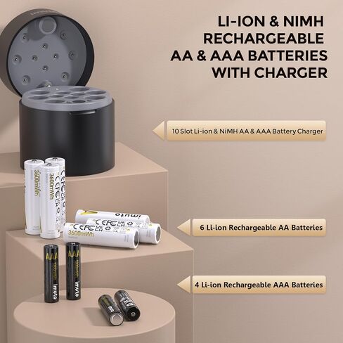 imuto High Capacity Battery & Charger Set: Smart Fast Charger with 10x AA (3600mWh) and 4X AAA (1300mWh) 1.5V Constant Output Li-ion Batteries (2500+ Cycles) in Kuwait