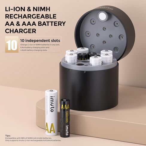 imuto High Capacity Battery & Charger Set: Smart Fast Charger with 10x AA (3600mWh) and 4X AAA (1300mWh) 1.5V Constant Output Li-ion Batteries (2500+ Cycles) in Kuwait
