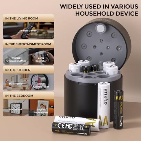 imuto High Capacity Battery & Charger Set: Smart Fast Charger with 10x AA (3600mWh) and 4X AAA (1300mWh) 1.5V Constant Output Li-ion Batteries (2500+ Cycles) in Kuwait