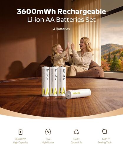 imuto High Capacity Battery & Charger Set: Smart Fast Charger with 10x AA (3600mWh) and 4X AAA (1300mWh) 1.5V Constant Output Li-ion Batteries (2500+ Cycles) in Kuwait