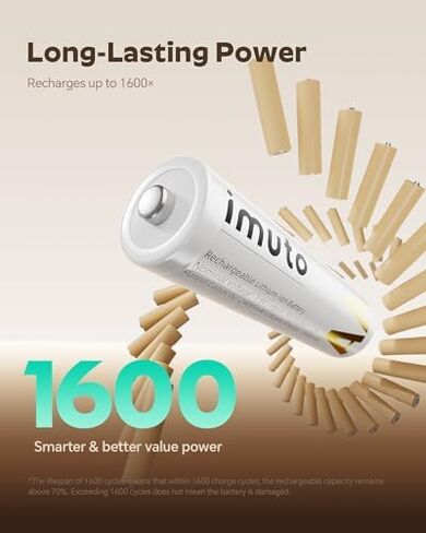 imuto High Capacity Battery & Charger Set: Smart Fast Charger with 10x AA (3600mWh) and 4X AAA (1300mWh) 1.5V Constant Output Li-ion Batteries (2500+ Cycles) in Kuwait