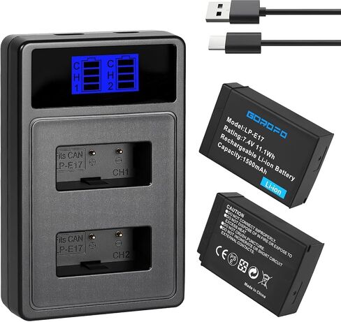 LP-E17 Battery and LCD Dual Charger Set, for Canon EOS R100 R50 R10 R8 RP,Rebel T8i, T7i, T6i, T6s, SL3,SL2, EOS M3, M5, M6, (2 Batteries+Charge) in Kuwait