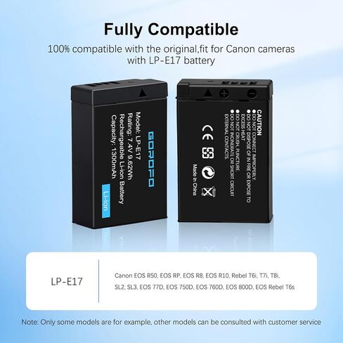 LP-E17 Battery and LCD Dual Charger Set, for Canon EOS R100 R50 R10 R8 RP,Rebel T8i, T7i, T6i, T6s, SL3,SL2, EOS M3, M5, M6, (2 Batteries+Charge) in Kuwait