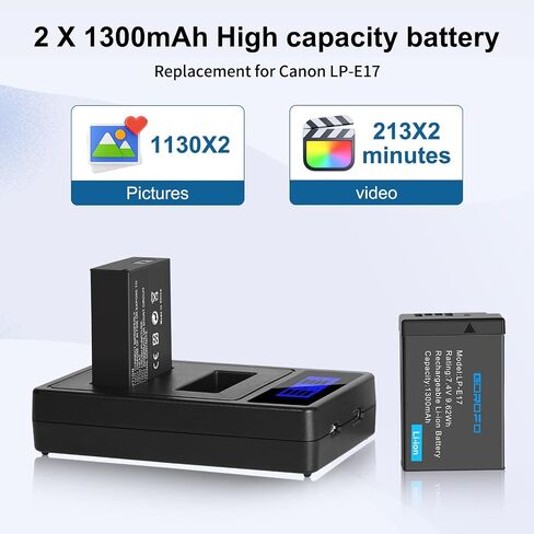 LP-E17 Battery and LCD Dual Charger Set, for Canon EOS R100 R50 R10 R8 RP,Rebel T8i, T7i, T6i, T6s, SL3,SL2, EOS M3, M5, M6, (2 Batteries+Charge) in Kuwait