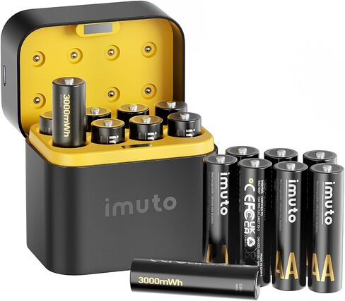 imuto Rechargeable AA Batteries with Charger, 3000mWh aa Lithium 16 Pack | 1.5V 2A Constant Output, 2500+ Recharge Cycles, 8-Slot Charging & Storage Case, 2.5H Fast Charging, CBPI Leak Protection in Saudi Arabia