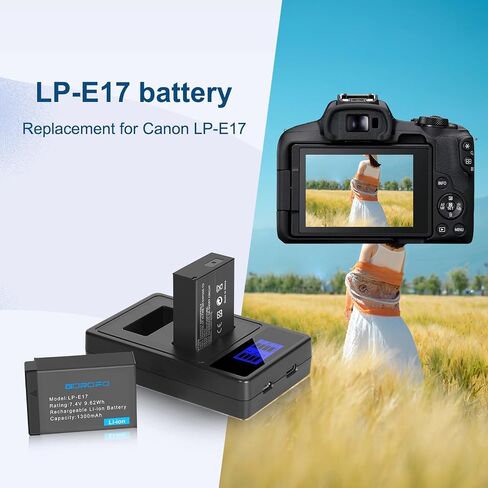 LP-E17 Battery and LCD Dual Charger Set, for Canon EOS R100 R50 R10 R8 RP,Rebel T8i, T7i, T6i, T6s, SL3,SL2, EOS M3, M5, M6, (2 Batteries+Charge) in Kuwait