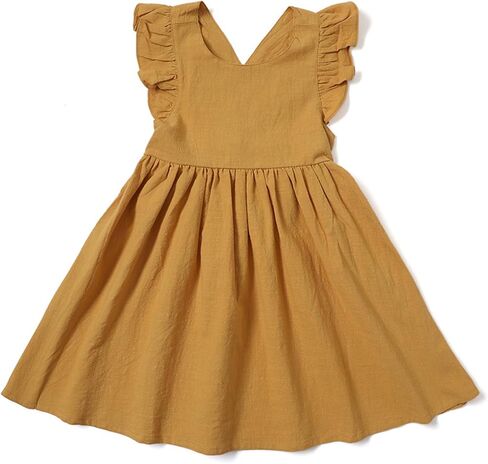 ACESATR Baby Girls Cotton Linen Ruffle Sleeve Dress Toddler Backless Sleeveless Crossback Strap Dresses Casual Sundress in Kuwait