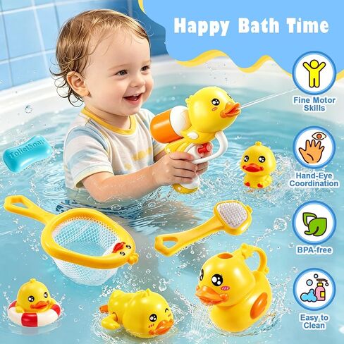 8 PCS Baby Bath Duck Toys for Toddlers Age 1-3, Kids Bathtub Toys Set with Squirt Gun, Watering Can, Floating Rubber Ducks and Fishing Net, Baby Shower Water Table Play Gifts for 1+ Year Old Boy Girl in Kuwait