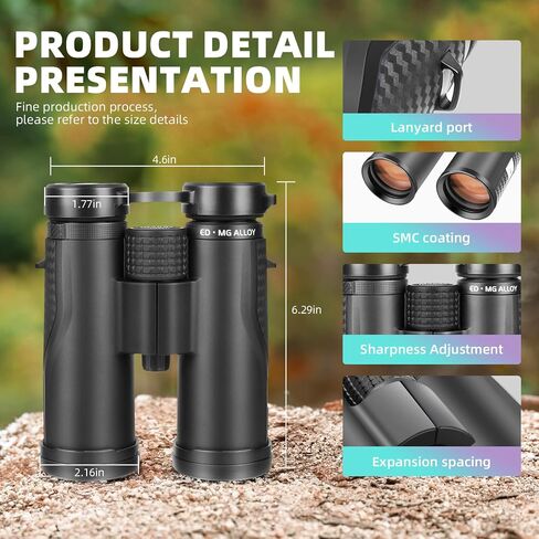 Premium ED HD Binoculars 10x42 for Adults, Waterproof & Fogproof with Magnesium Alloy Body, BAK4 Prism - High Power Binoculars for Bird Watching, Hunting, Travel & Outdoor Sports, Compact in Kuwait