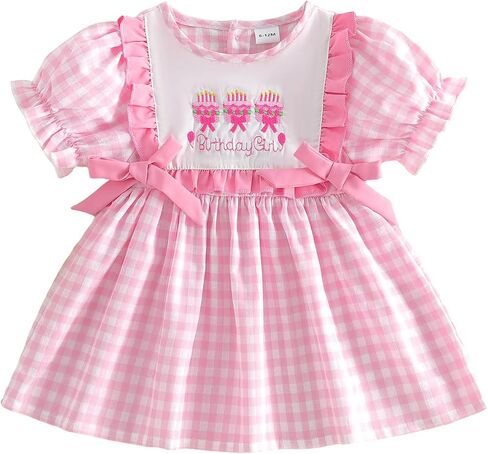 ​Toddler Baby Girl Birthday Dress Cake Embroidery Smocked Princess Dress in Pink Gingham Cake Smash Photo Party in Kuwait