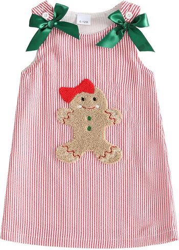 Toddler Baby Girl Christmas Outfit Santa Merry Striped Tank Dress Clothes | Bow decor, letter/santa/gingerbread embroidery, sleeveless, button closure in Kuwait