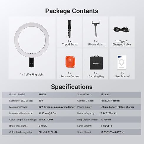 NEEWER 18" Ring Light, Wireless Professional Edge Lit Lighting with Tripod Stand, 45W 2900K-7000K CRI97+, 14.4V 3500mAh Battery, Phone Selfie Video Makeup Studio Streaming Photography, RB18B in Saudi Arabia