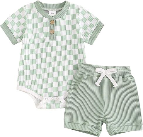 MA&BABY Newborn Baby Boy Girl Clothes 3 6 9 12 18 Months Ribbed Knit Short Sleeve Romper Shorts Set Infant Summer Outfits (Checkered- Light Green, 3-6 Months) in Kuwait