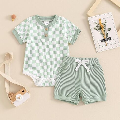 MA&BABY Newborn Baby Boy Girl Clothes 3 6 9 12 18 Months Ribbed Knit Short Sleeve Romper Shorts Set Infant Summer Outfits (Checkered- Light Green, 3-6 Months) in Kuwait