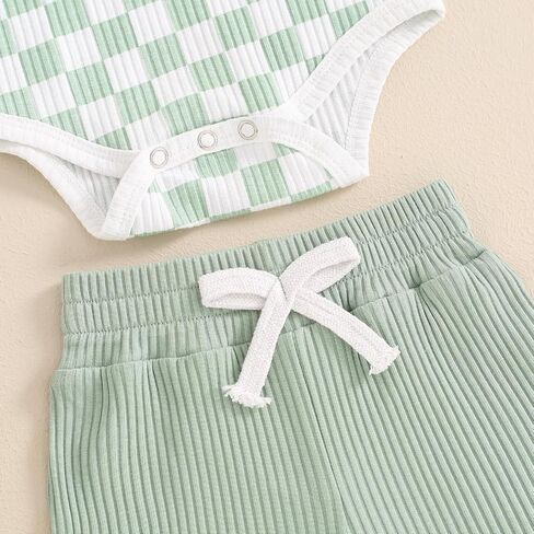 MA&BABY Newborn Baby Boy Girl Clothes 3 6 9 12 18 Months Ribbed Knit Short Sleeve Romper Shorts Set Infant Summer Outfits (Checkered- Light Green, 3-6 Months) in Kuwait