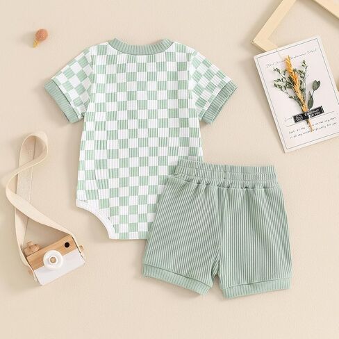 MA&BABY Newborn Baby Boy Girl Clothes 3 6 9 12 18 Months Ribbed Knit Short Sleeve Romper Shorts Set Infant Summer Outfits (Checkered- Light Green, 3-6 Months) in Kuwait