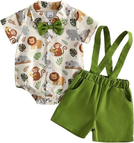 Baby Boy Summer Outfit Animal Print Short Sleeve Button Down Shirt Romper Suspender Shorts Set 2Pcs Infant Clothes in Kuwait