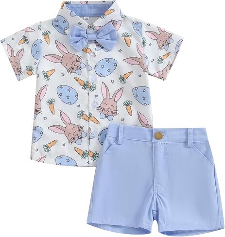 BeQeuewll Toddler Baby Boy Easter Outfit Easter Bunny Button Down Bow-Tie Shirt Shorts Boys Clothes Set (Blouse Set-Blue,18-24 Months) in Kuwait