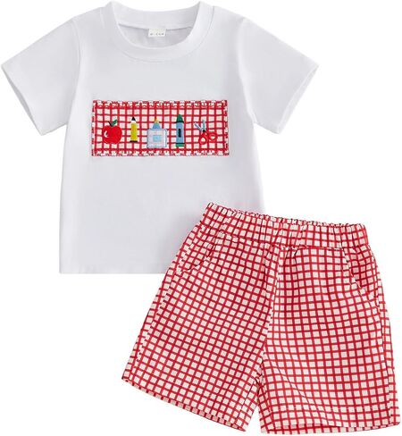 First Day of School Apple Embroidery T Shirt Shorts Set Boy Summer Clothes | Cotton Blend, Plaid Print, Crewneck, Short Sleeve, Back to School Clothes, suitable for Summer in Kuwait