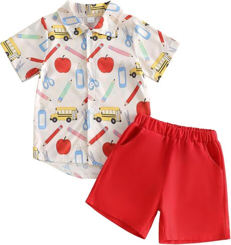 Bonangber Toddler Boys Back to School Outfit Cute Print Short Sleeve Button Down Shirt Shorts First Day of School Clothes in Kuwait
