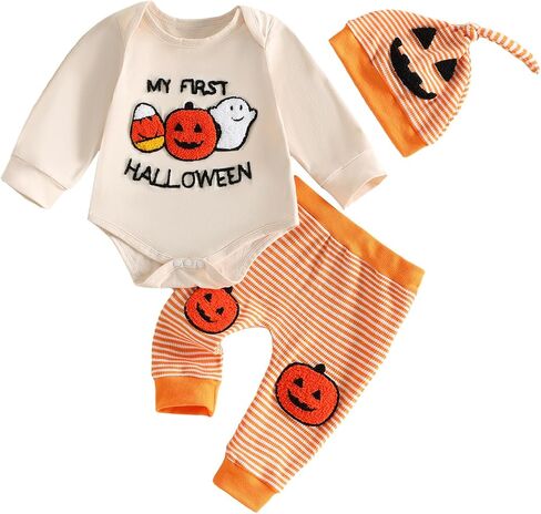 Newborn Baby Boy First Halloween Outfit Romper Pants Hat 3PCS Clothes Set | Ghost Pumpkin Printed，Long Sleeve Romper and Pants Hat，My 1st Halloween Outfit，3Pcs Clothes Fall in Kuwait