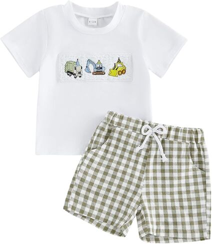 Toddler Baby Boy Summer Clothes Airplane Letter Embroidery Short Sleeve T-shirt Top Plaid Shorts Set 2pcs in Kuwait