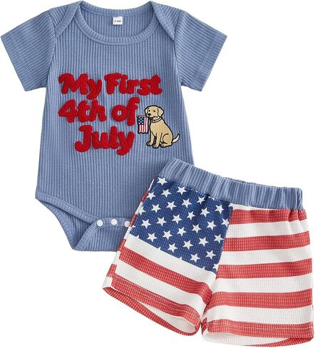 My 1st 4th of July Baby Boy Outfit Embroidered Short Sleeve Romper American Flag Shorts Set Newborn Waffle Clothes in Kuwait