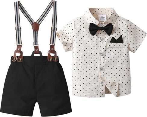 Boarnseorl Baby Boys Shorts Sets,Infant Shirt + Shorts + Bow Tie + Suspenders,Toddler Summer Gentleman Outfits in Kuwait