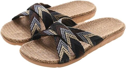 2026 Summer Women’s Linen Slippers Color-Block Open Toe Sandals Non-Slip Silent Flat Slides Breathable Comfort House Shoes in Kuwait