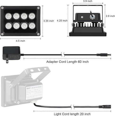 Univivi 8-LEDs IR Illuminator 850nm Infrared Flood Light for Night Vision | Long Range Infrared Illuminator for Security Camera, 90 Degree Wide Angle Infrared Light, IP67 Waterproof for Outdoor&Indoor in Kuwait