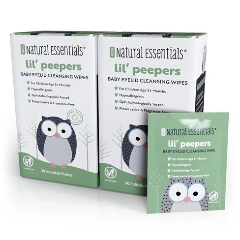 Natural Essentials Lil' Peepers Baby Eye Wipes and Eyelid Cleanser, Preservative-Free & Rinse-Free, Pediatrician Recommended Hypoallergenic Soft Eyelid Wipes for Babies, Kids & Adults, 30 Count (2pk) in Kuwait