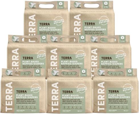 Terra Diapers Size 5: 85% Plant-Based Diapers, Ultra-Soft & Chemical-Free for Sensitive Skin, Superior Absorbency for Day or Nighttime Diapers, Designed for Toddlers 28-39 Pounds, 128 Count in Kuwait