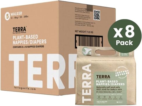 Terra Diapers Size 5: 85% Plant-Based Diapers, Ultra-Soft & Chemical-Free for Sensitive Skin, Superior Absorbency for Day or Nighttime Diapers, Designed for Toddlers 28-39 Pounds, 128 Count in Kuwait