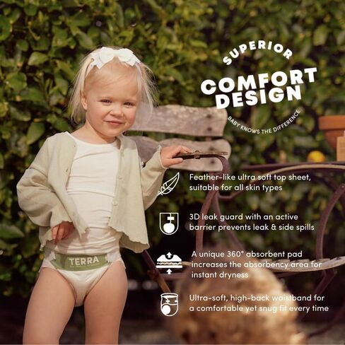 Terra Diapers Size 5: 85% Plant-Based Diapers, Ultra-Soft & Chemical-Free for Sensitive Skin, Superior Absorbency for Day or Nighttime Diapers, Designed for Toddlers 28-39 Pounds, 128 Count in Kuwait