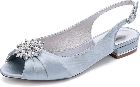 Women's Satin Peep Toe Wedding Flat Sandals, 0.98 Inch Low Block Heel Slingback Bridal Shoes with Floral Rhinestone Ornament, Comfort Formal Flats for Bride Bridesmaid Prom Cocktail in Kuwait