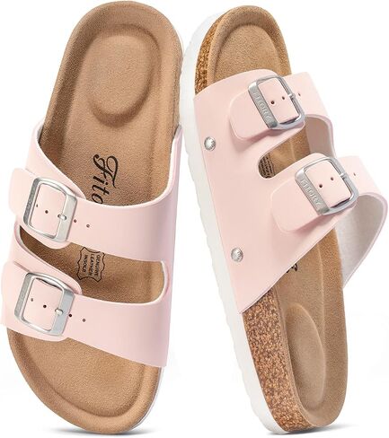 FITORY Womens Flat Sandals with Cork Footbed,Open Toe Arch Support Slides | Adjustable Buckles Straps,Casual,Comfortable,Slip-on Slippers,Indoor and Outdoor,Beach,Summer,Vacation in Saudi Arabia