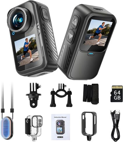 4K Mini Action Camera, EIS Stabilization, 130° Wide Angle, Dual Touchscreen, Pre-Record, Waterproof for Vlogging, Outdoor Adventures(Black, 128, GB) in Kuwait