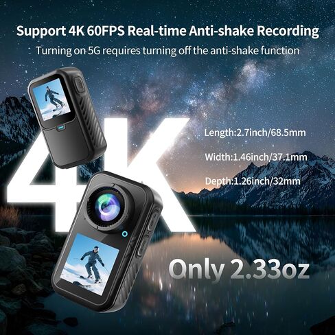 4K Mini Action Camera, EIS Stabilization, 130° Wide Angle, Dual Touchscreen, Pre-Record, Waterproof for Vlogging, Outdoor Adventures(Black, 128, GB) in Kuwait