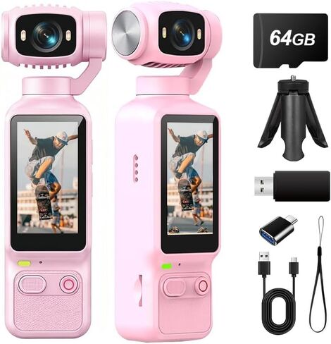 Portable Handheld Action Camera, 2.5K UHD Pocket Camcorder with 1.3" LCD Screen, 180° Rotatable Lens, Fill Light, Loop Recording, for Vlogging Travel Outdoor Sports (Pink,32GB) in Kuwait