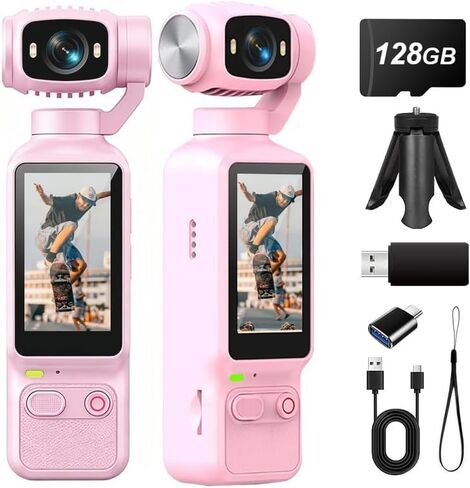 Portable Handheld Action Camera, 2.5K UHD Pocket Camcorder with 1.3" LCD Screen, 180° Rotatable Lens, Fill Light, Loop Recording, for Vlogging Travel Outdoor Sports (Pink,32GB) in Kuwait