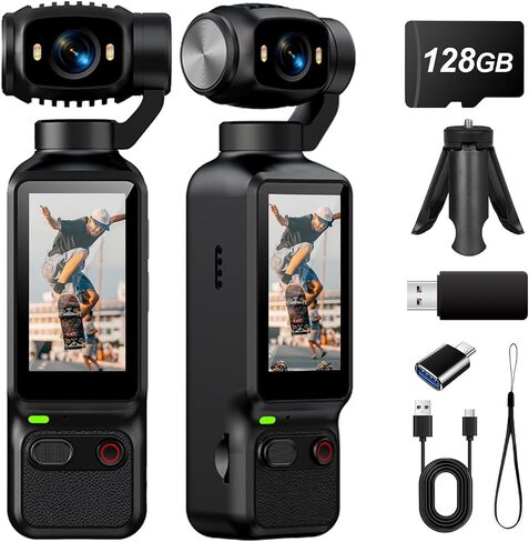 Portable Handheld Action Camera, 2.5K UHD Pocket Camcorder with 1.3" LCD Screen, 180° Rotatable Lens, Fill Light, Loop Recording, for Vlogging Travel Outdoor Sports (Pink,32GB) in Kuwait